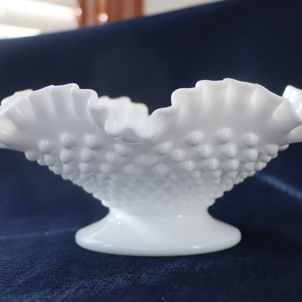 Milk Glass White Hobnail Fenton Ruffled Lace Upper Rim Bowl Dish Pedestal Footed Candy or Trinkets