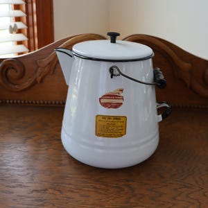 Large 1950s Enameled Ware Tea Kettle or Coffee Pot Rustic Farmhouse with Labels Intact on Kettle
