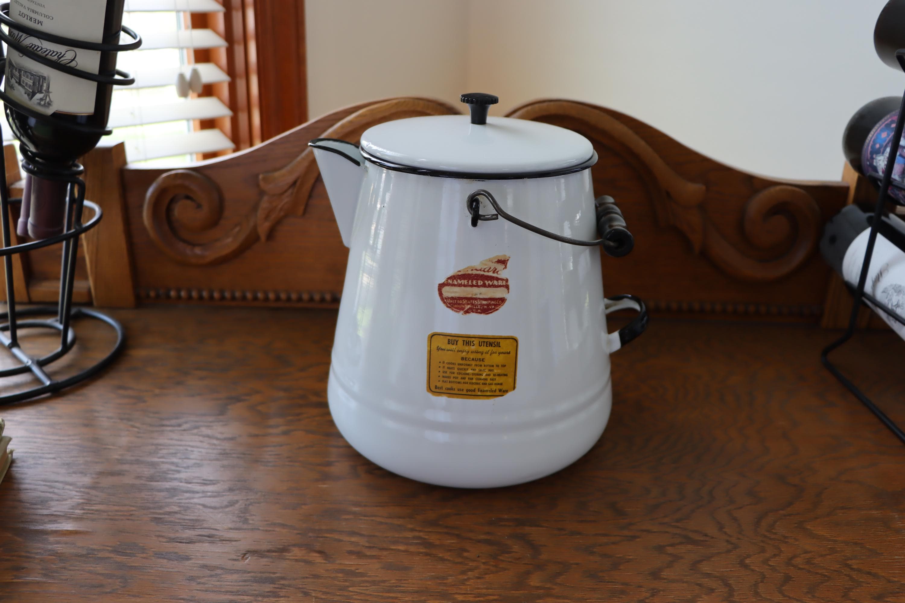 Large 1950s Enameled Ware Tea Kettle or Coffee Pot Rustic Farmhouse with Labels Intact on Kettle