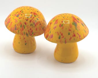 Ceramic Groovy Mushroom Salt and Pepper Shakers  Bright Orange, Yellow, Green