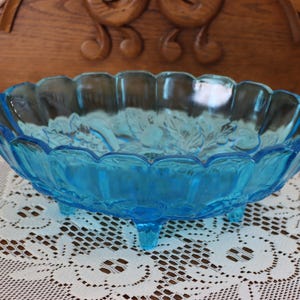 Vintage Indiana Glass Harvest Grape Fruit Centerpiece Bowl Blue Footed with Scalloped Edge