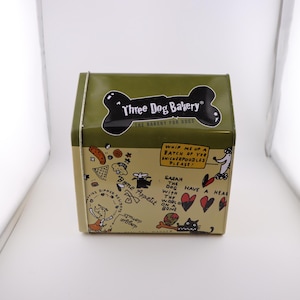 Three Dog Bakery Dog House with Cartoons Tin Canister used for Dog Treats Vintage Great for Dog Lover or Christmas for your Dog