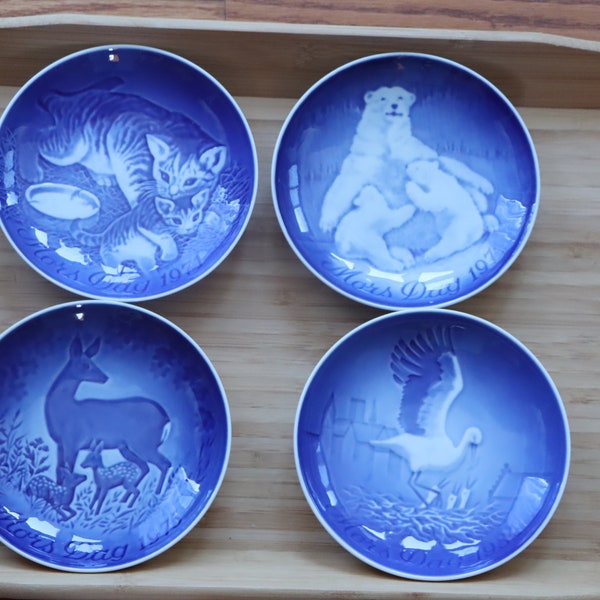 B&G Bing and Grondahl Copenhagen Porcelain Mother's Day Plates 1971 1974 1975 1984 Blue Kitten, Polar Bear, Deer, and Stork Numbered