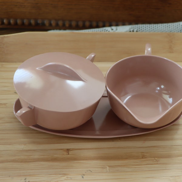 Miramar Melmac Dinnerware Pink Set Creamer and Sugar with Tray/Butter Plate