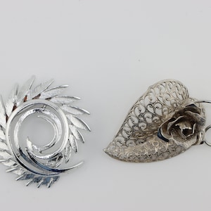 Choice of Mother&#39;s Day Gift Silver Brooch or Pin Spiral w/textured Feathers or Leaves and Rose on a Decorative Lattice Heart or Leaf