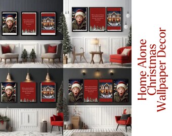 May include: Three framed prints featuring scenes from the movie Home Alone. The prints are set against a white wall with a red brick fireplace and a Christmas tree. The prints feature a young boy, a quote from the movie, and a house with Christmas lights. The text on the prints reads "Will you please tell Santa that instead of presents this year, I want my family back."