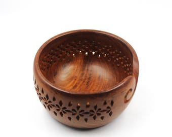 Handmade Rosewood Yarn Bowl: Floral Cutwork Knitting & Crochet Organizer