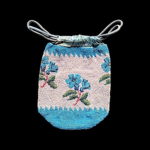 Antique Blue White Floral Beaded Purse Bag with Drawstring Wristlet Vintage Purses Something Blue Wedding Vintage Wedding Bridal Shower