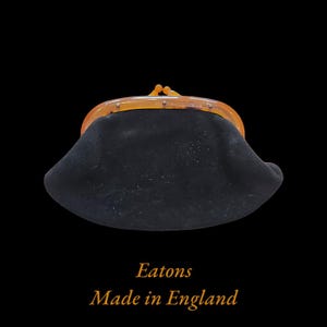 Bolso de mano vintage de ante negro de Eaton's of England, bolso de noche, fabricado en Inglaterra, con asa de baquelita