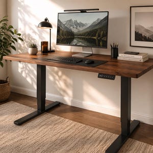 Puede incluir: Un escritorio regulable en altura, de color marrón oscuro, con patas negras, teclado, ratón y monitor. Una pequeña planta y una lámpara de escritorio están sobre el escritorio. Una imagen enmarcada y una planta en maceta están en el fondo.