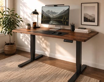 Bureau debout en noyer, bureau électrique en bois massif, bureau réglable assis-debout pour la maison