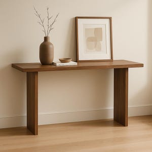 Puede incluir: Una consola de madera marrón oscuro con dos patas rectangulares. Una impresión artística abstracta enmarcada, un jarrón marrón con ramas, un cuenco de madera pequeño y un libro están sobre la mesa. La mesa está contra una pared beige claro.