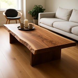 May include: A large, rectangular wooden coffee table with a natural edge. The table is made of dark brown wood and has a thick, solid base. Two mugs and a candle sit on a black tray on the table. The table is in a living room setting.