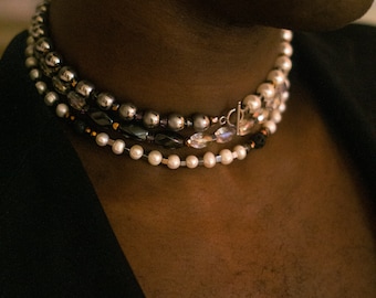 Collier homme, pierre volcanique, perles de cristal perles d'eau douce