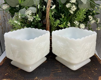 Anchor Hocking Grapes Milk Glass Square Footed Planter, Milk Glass Square Low Planter, Scalloped Edge