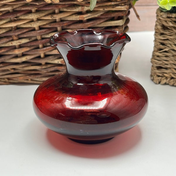 Vintage Small Royal Ruby Scalloped Rim Urn Shape Vase | Anchor Hocking, Valentines Vase, Ruby Red Glass Vase, Red Glass Urn Vase