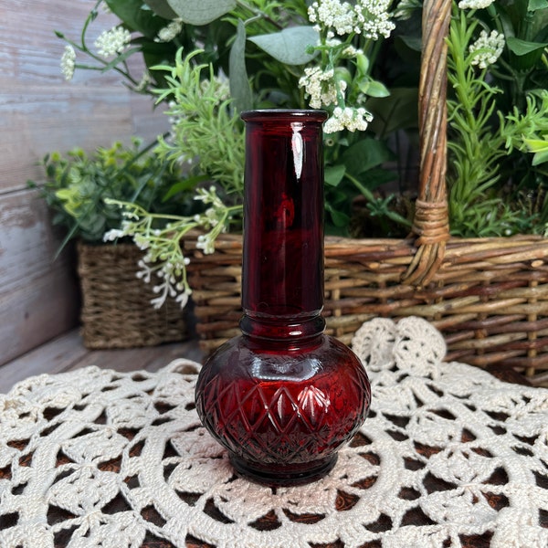 Vintage Avon Red Glass Bottle, Ruby Red Bud Flower Vase, Fat Bottom Retro Collectible No Stopper Top, Avon Red Cologne Bottle 1960s 1970s