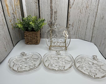 VTG Hazel Atlas Apple Blossom Plates, Luncheon Dishes, Clear Glass, Snack Salad Set of 4, 5.5 Inches