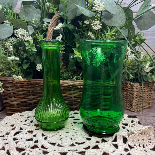 2 Vintage Green Glass Vases, Green Glass Ribbed Vase, Elegant Small Randall, Green Glass wide mouth short vase- 6" Lot of 2 Vases