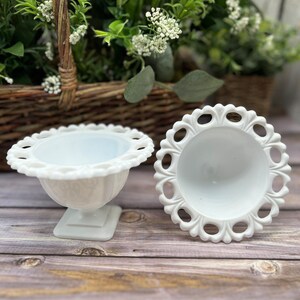 Pretty Footed Opaque Milk Glass Bowl, Dessert Bowl, Earring Stand in Loraine Pattern, Indiana Glass