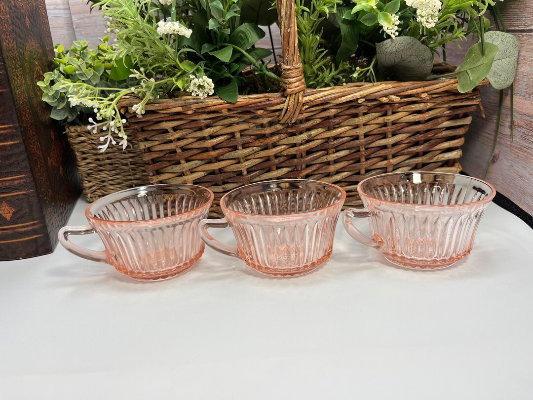 Set of 3 Pink Depression Glass Tea Cups, Pink Depression Punch Glasses