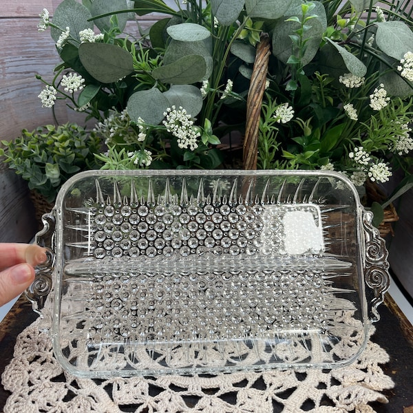 Vintage Anchor Hocking Hobnail and Ray Design Divided Relish Dish, Bubble Glass Divided Relish Tray, Vintage Clear Glass Serving Tray