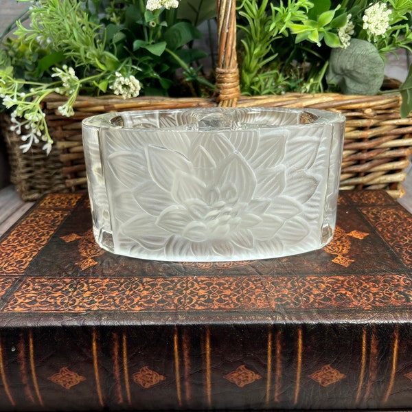 Vintage PartyLite Double Tealight, Double Votive Holder, Partylite P7659 Chrysanthemum  Oval; frosted glass; embossed lotus blossom flower