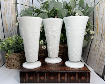 Vintage Colony Harvest Tall Vase Urn,  Grapes Leaves Vine Milk Glass, Tall Pedestal Round Footed Table Flower Floral Urn Vase