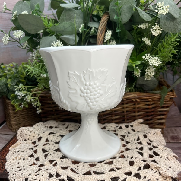 Indiana Milk Glass Planter Pedestal Candy Dish, Harvest Grape Colony, Cottage Core Farmhouse Style, Compote White Vase