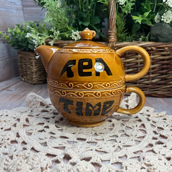 RARE Vintage Tea For One Teapot and Cup, Brown Glaze, TEA TIME 1960s Tea Set, 1970s Tea Set, Brown Glaze Tea for One Set