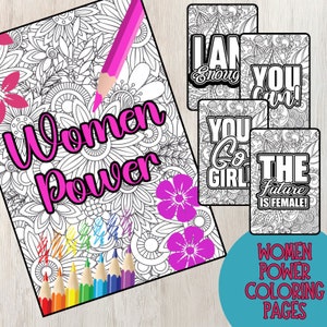 Puede incluir: Un conjunto de cuatro páginas para colorear con mensajes empoderadores para mujeres. Las páginas incluyen frases como "Soy suficiente", "Eres una gran chica", "¡Puedes hacerlo!" y "¡El futuro es femenino!" Las páginas están diseñadas con intrincados patrones y motivos florales.