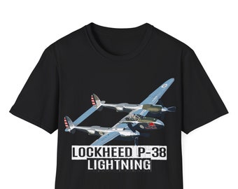 May include: Black t-shirt with a graphic of a Lockheed P-38 Lightning airplane. The text "Lockheed P-38 Lightning" is printed below the airplane.
