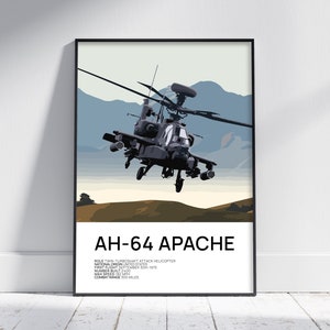 May include: A framed print depicting an AH-64 Apache attack helicopter in flight, set against a landscape of mountains and a light blue sky. The print includes the text "AH-64 APACHE" in a bold font, with additional details below.