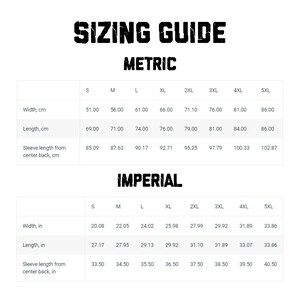 May include: Sizing guide for clothing in both metric and imperial units. The chart shows measurements in centimetres and inches for width, length, and sleeve length from centre back for sizes S through 5XL.
