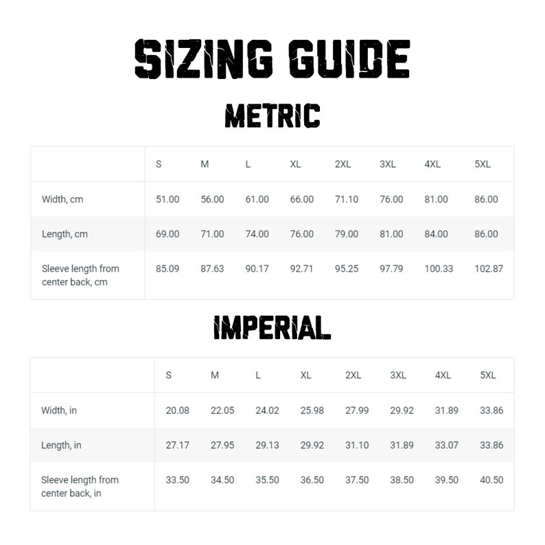 May include: Sizing guide for clothing in both metric and imperial units. The chart shows measurements in centimetres and inches for width, length, and sleeve length from centre back for sizes S through 5XL.
