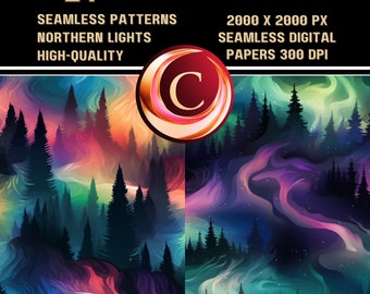 14 High-Quality Seamless Beautiful Northern Lights Digital Papers Commercial Use, PNG files with Transparent Backgrounds. INSTANT DOWNLOAD
