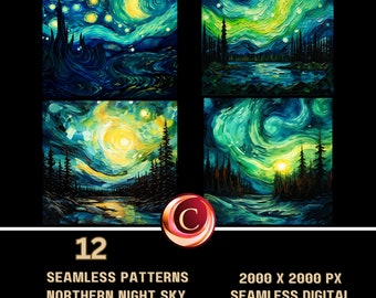 12 High-Quality Seamless Beautiful Northern Lights Digital Papers Commercial Use, PNG files, Repeating Patterns, INSTANT DOWNLOAD