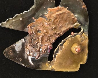 Signed Brutalist Angelfish Brooch Scorched Metals