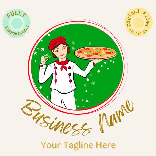 Customizable Hand-Drawn Pizzeria Logo. Personalized Chef Design for Pizza Businesses, Delivery Services, and Food Entrepreneurs Fast Food