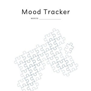 May include: A printable mood tracker featuring a puzzle piece design. The tracker has a section for each day of the month and includes a list of moods such as neutral, tired, stressed, grumpy, sick, sad, relaxed, happy, and angry.