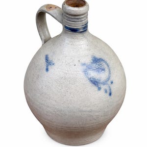 Handmade 1900s Stoneware Alsace Brandy Jug, Betschdorf, Salt Blue Schnapsstuetz Alcohol Jug Antique Pottery