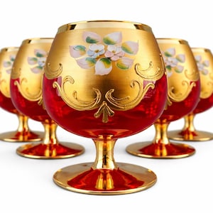 6 bicchieri in cristallo di Murano italiano dipinti a mano, bicchieri da cognac Fuochi in vetro di Murano veneziano, rosso rubino e oro