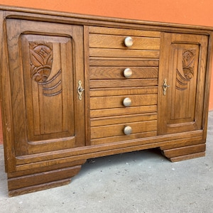 small Art Deco Parisian mid-century vintage 1950s oak chest of drawers sideboard Aviation style