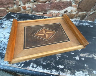 Antique French Art Deco 1950s Wooden Serving Tray With Handles and