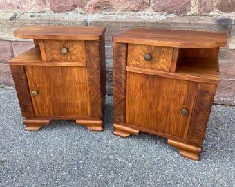 incredible Pair of vintage 1950s French Art Deco bedside tables Pair of bedside walnut art deco