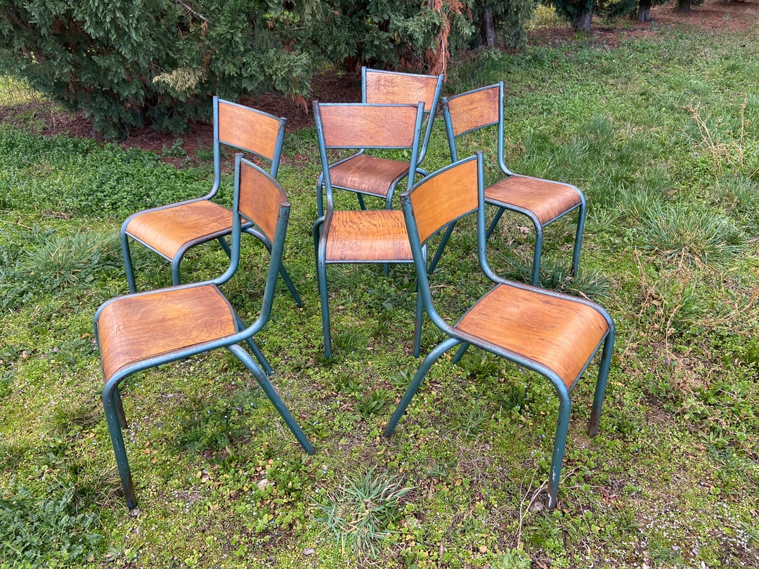 Ref 244 Lot 6 Vintage School Chairs in Metal and Wood Design Mid