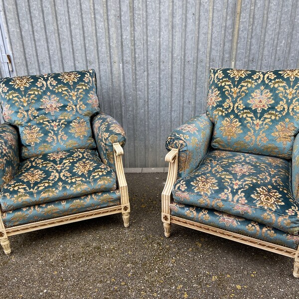 2 fauteuils bergères Lounge style Louis XVI Patiné vintage 1960