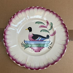 Pode incluir: Um prato de cerâmica branco com uma borda rosa festoneada. O prato apresenta um desenho pintado à mão de um pato com detalhes pretos, rosa e verdes.