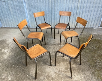 ref 244 lot de 6 chaises d'école vintage en métal et bois design Mid-century vintage 1960 french Mullca School chairs