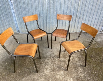 ref 244 lot de 4 chaises d'école vintage en métal et bois design Mid-century vintage 1960 french Mullca School chairs